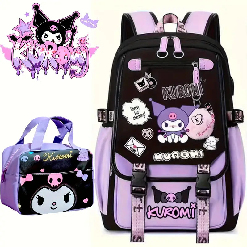 Sanrio Kuromi Backpack with Lunch Tote & Stickers - Gothic Cute Purple & Pink Design